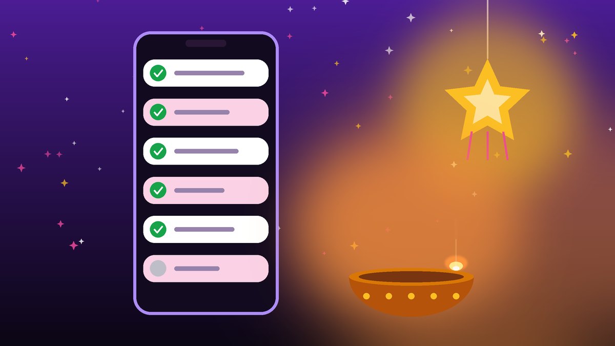 Illustration of a phone showing a ticked checklist of chat bubbles beside a glowing diya and a hanging star lantern