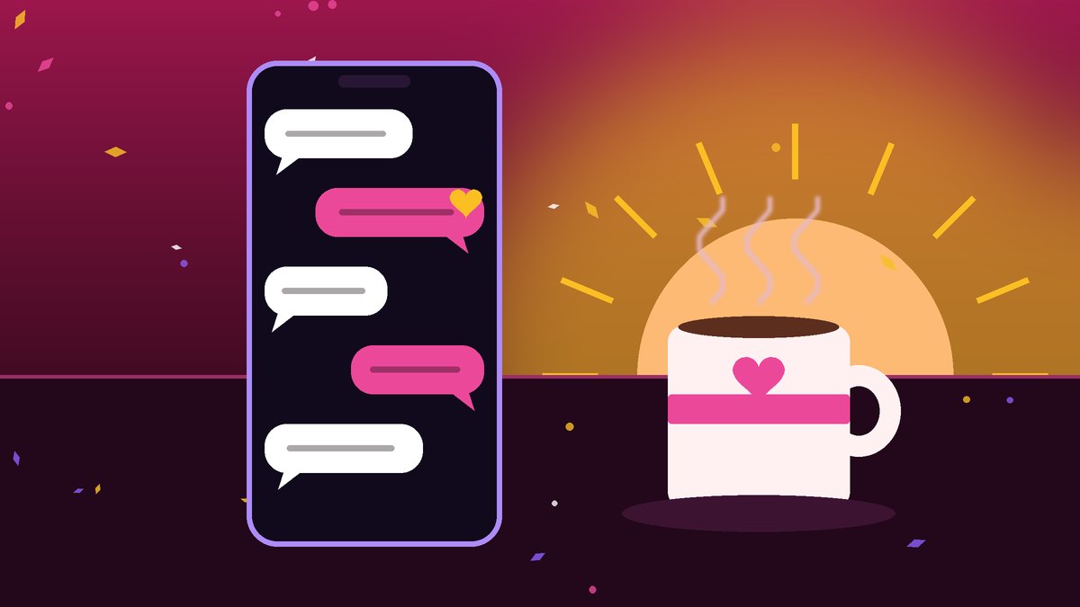 Illustration of a phone with morning chat bubbles beside a coffee mug and a rising sun